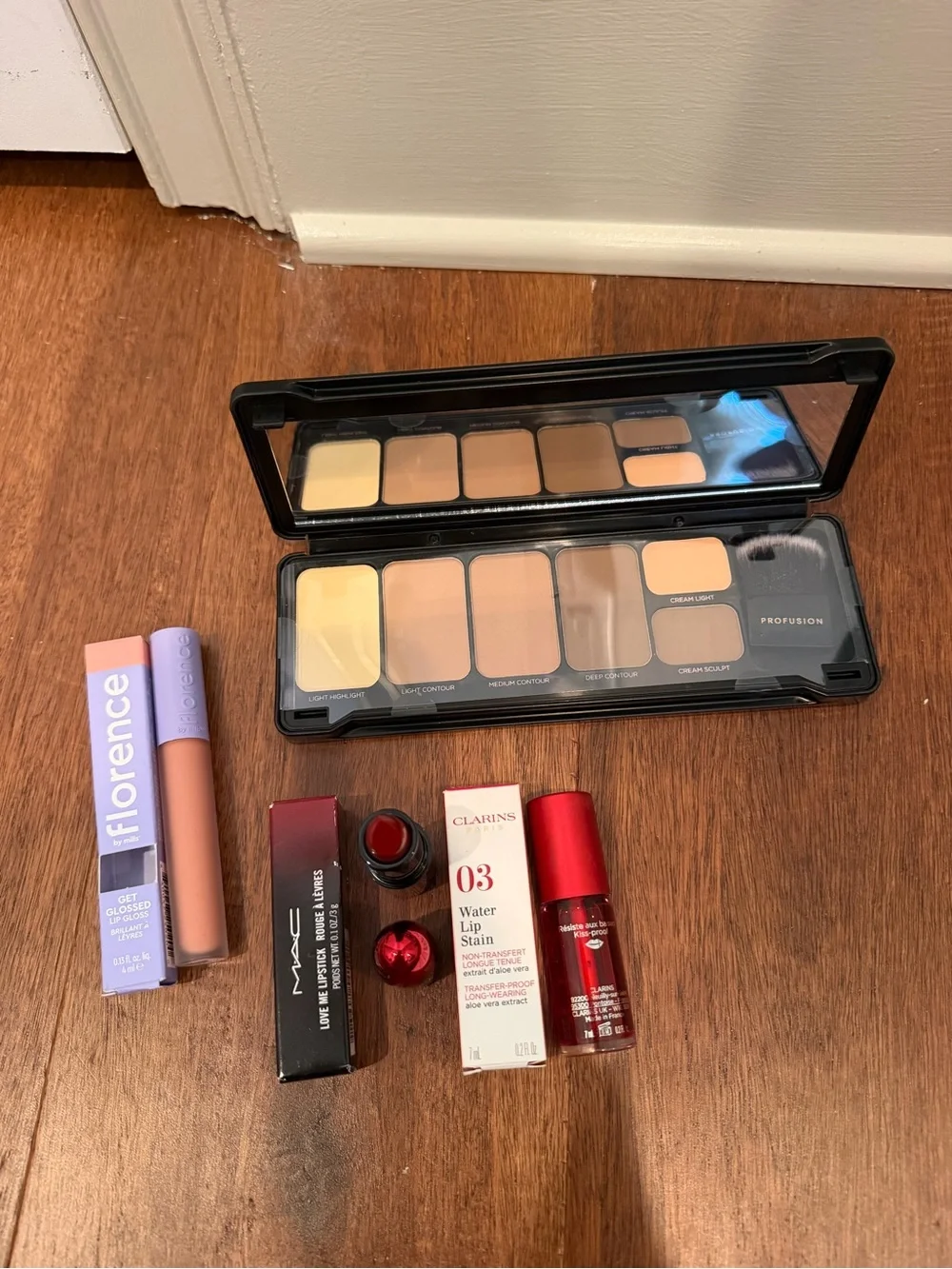 Profusion contour set, Florence lip gloss, MAC lipstick, clarins lip stains